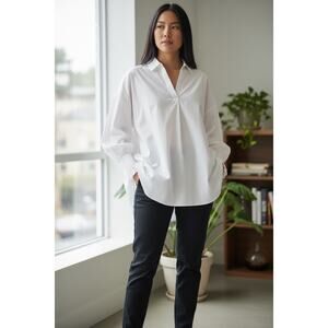 Pure Collection Long Sleeve White Cotton Pullover Blouse, Women's Size 14/16